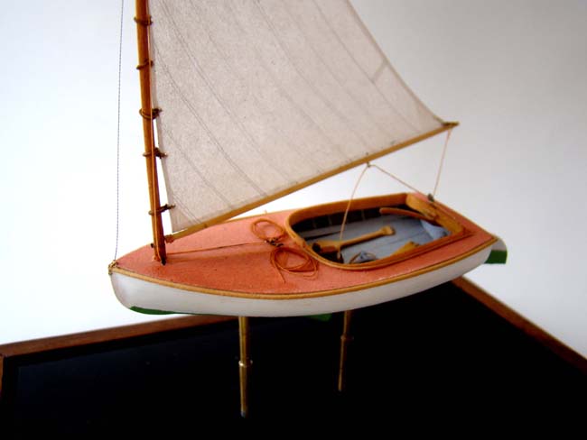 A highly detailed scale model of a 1923 Beetle Catboat made by Cape Cod model boat builder Tom Lauria